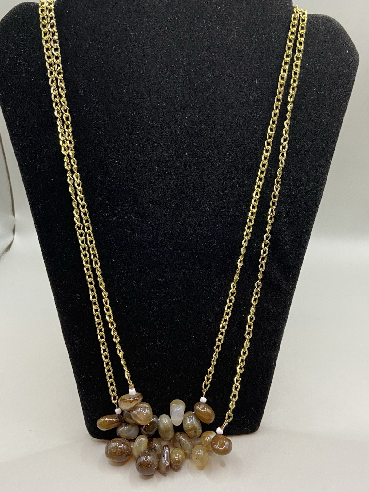 Vintage Gold Tone Bead Agate (?) Brown White Glass Necklace 14 Inches MCM
