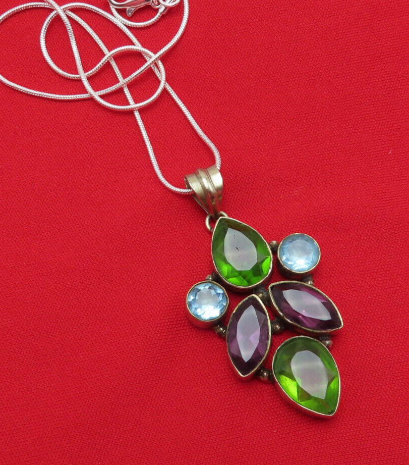 Vintage Sterling Silver Necklace 2 inch Pendant Green Purple Blue Crystal 369c