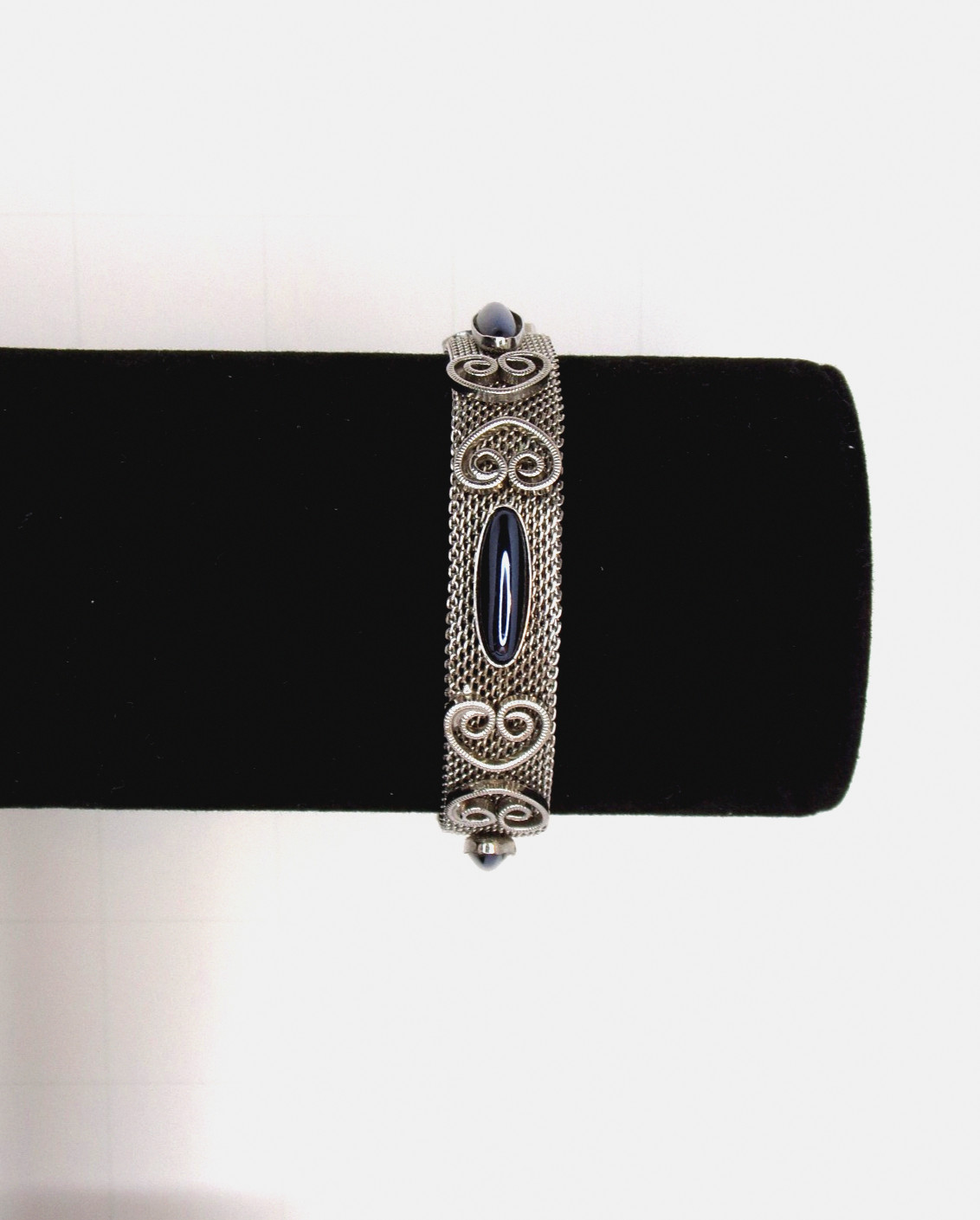 Vintage Mesh Silver Tone Belt Buckle Bracelet with Black Glass Stones, Jewelry