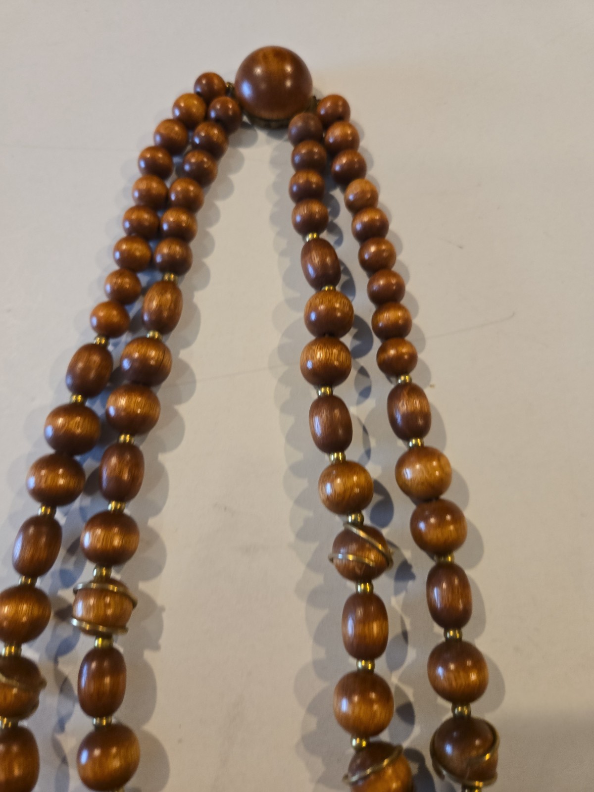 Vintage Wood Tone Beaded Double Strand Necklace With Matching Clasp