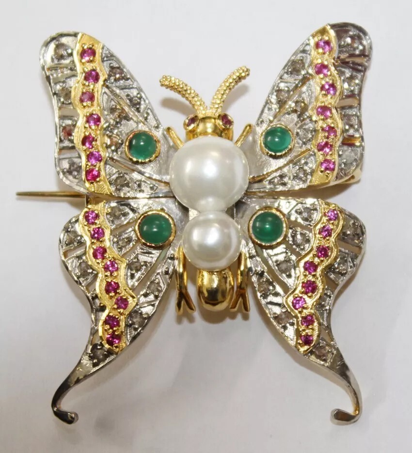 2.40ct Rose Cut Diamond Ruby Emerald Pearl 925 Silver Butterfly Brooch Pin