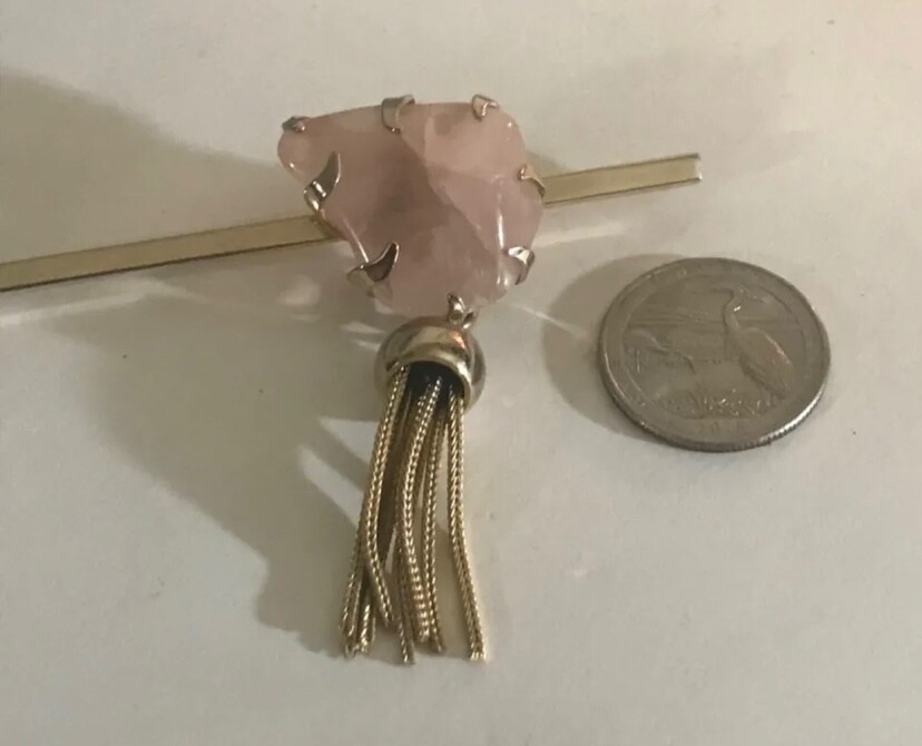 Stunning Vintage Gold Tone Genuine Rose Quartz Long Bar Brooch Pin