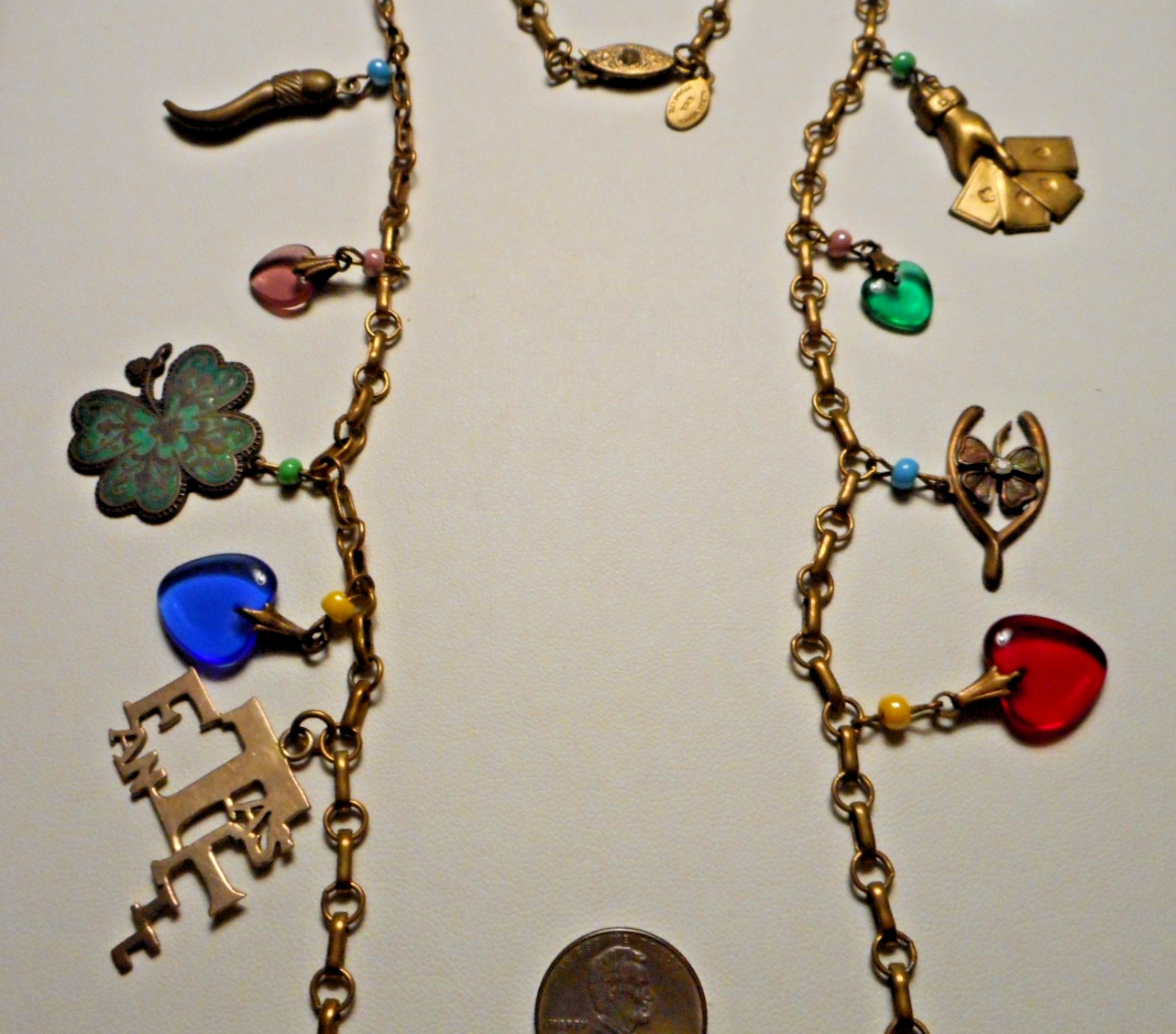 Vintage Glass Works Studio Brass Chain Necklace w 19 assorted Charms 30″ L