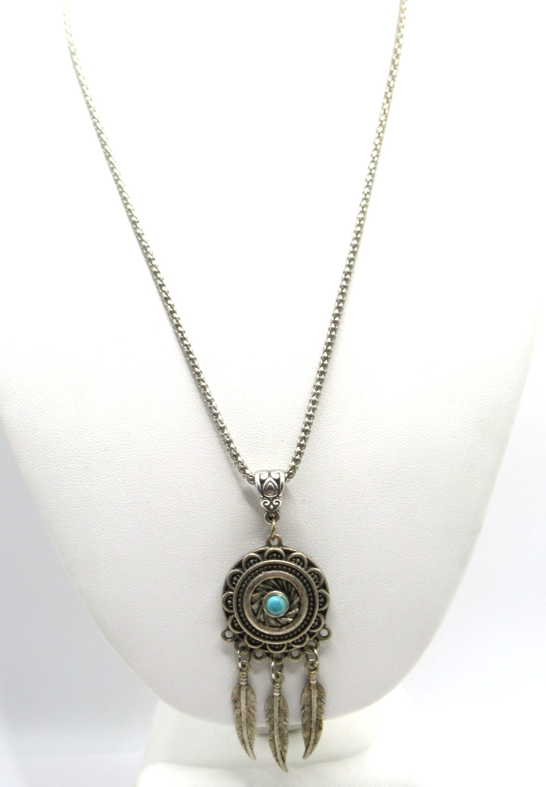 South Western Style Pendant Necklace Faux Turquoise Feathers