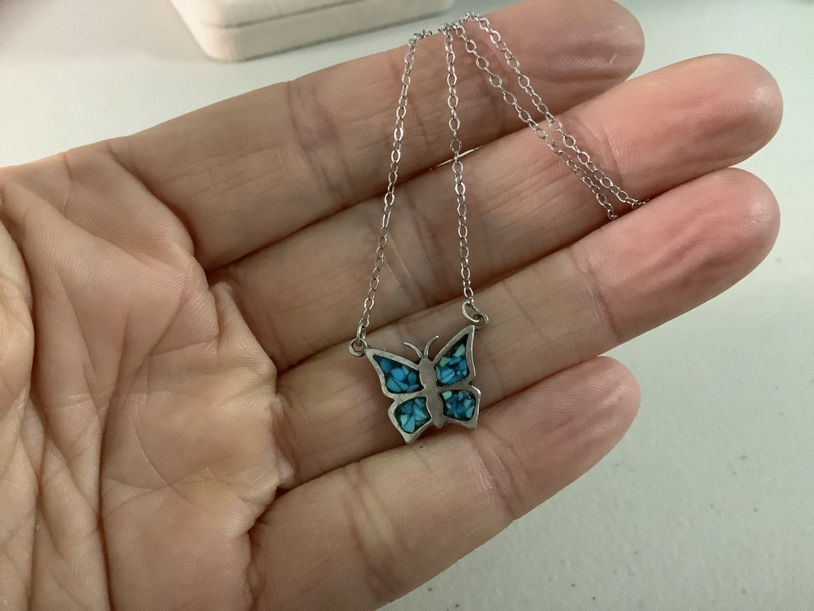 Vintage 80’s sterling silver 925 turquoise chip inlay butterfly pendant necklace