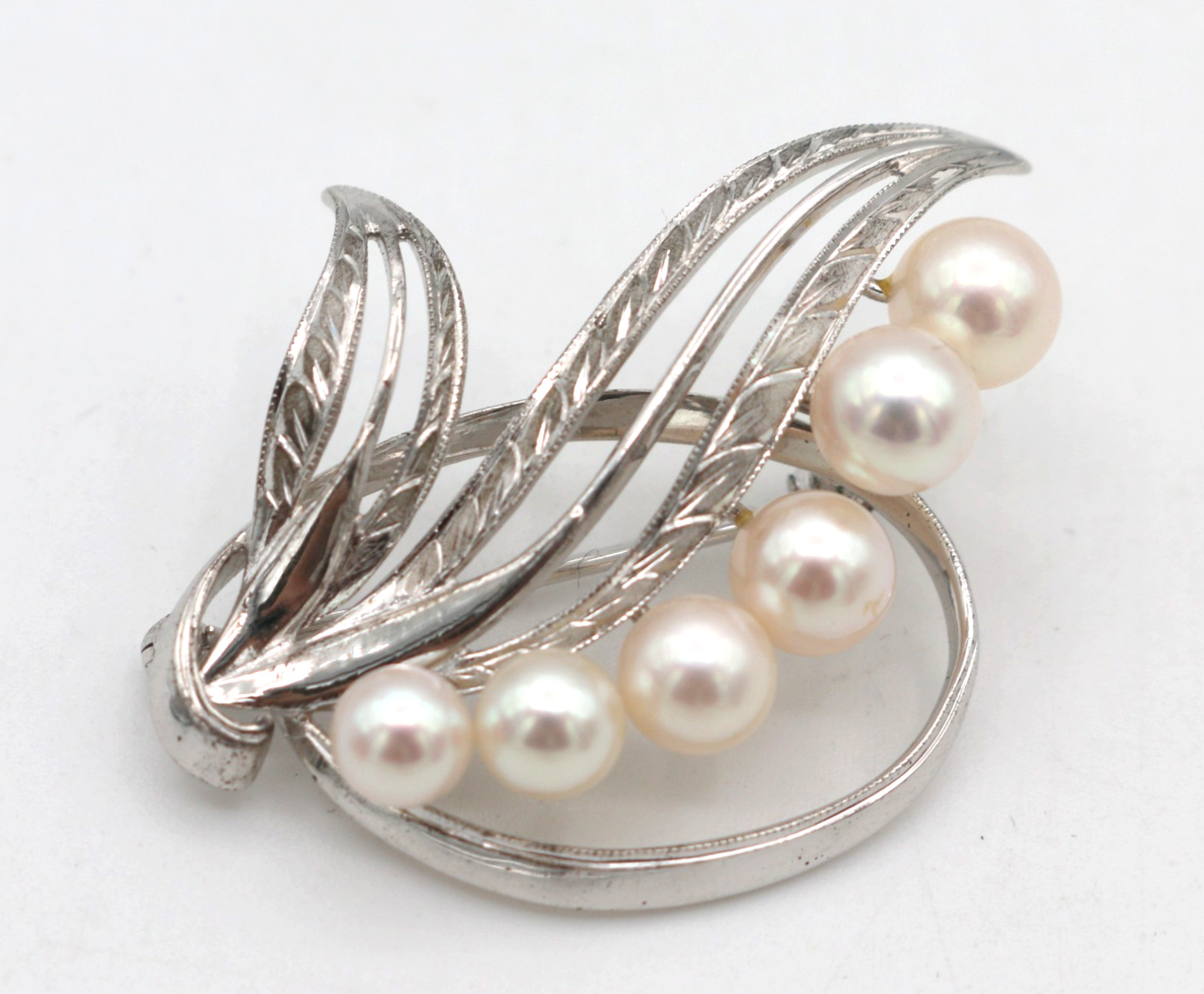 Vintage Mikimoto M S Signed Sterling Silver Akoya 6 Pearl Leaf Pin Brooch 7.15g