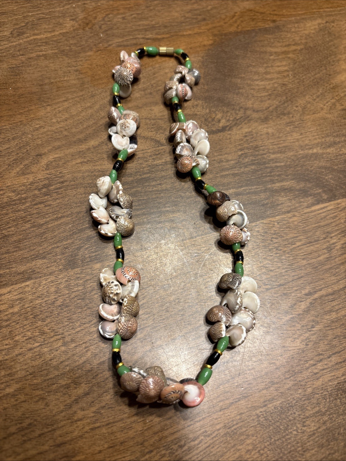 Vintage Beaded Shell Necklace Hand Crafted Cowrie and Mullusk Shell Beads 16”