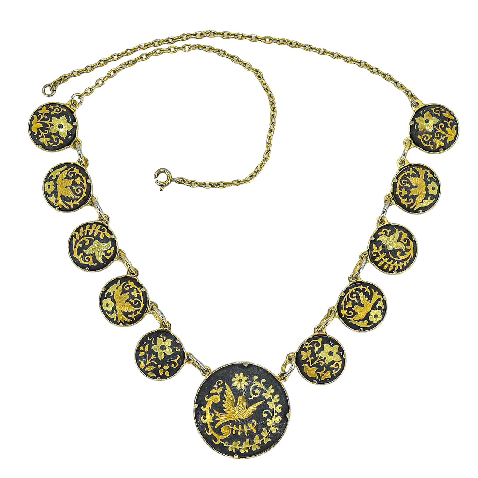 Vintage Mid Century Japanese Style Damascene Coin Charm Necklace Black Gold 18”