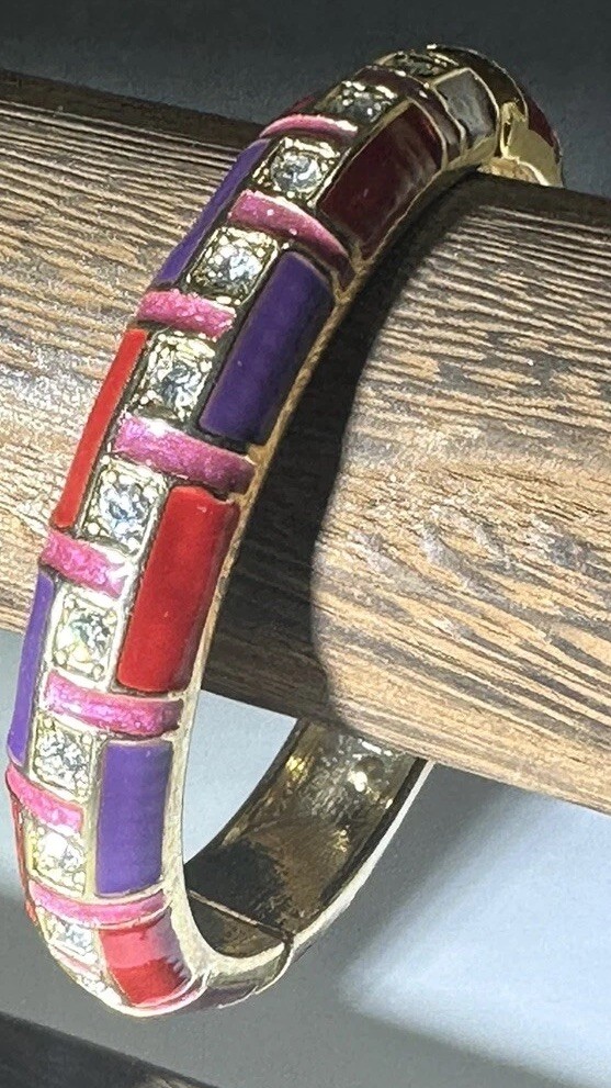 Enamel Rhinestone Hinged Clamp Bracelet – Sparkly Red Purple Pink – Goldtone EUC