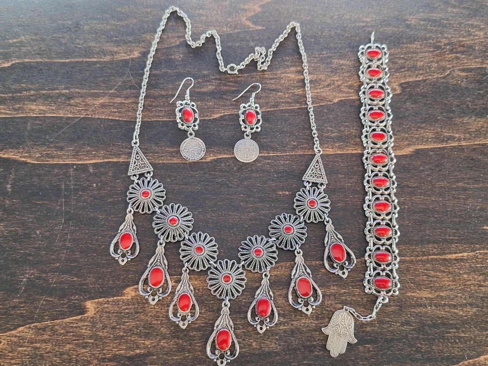 Vintage Moroccan SOUVENIR DU MARCO Jewelry Set Necklace Link Bracelet Hamsa Hand