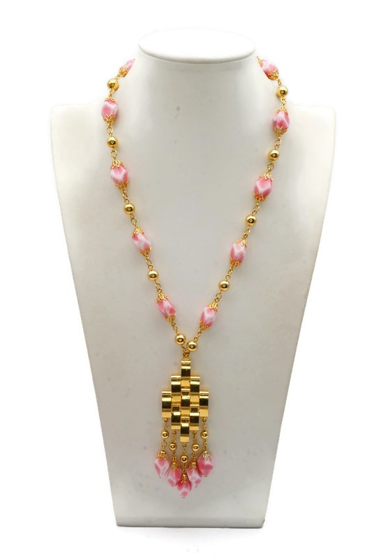 Vintage Necklace Gold Tone Pink Stone 22″