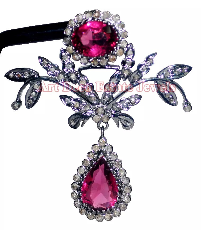 2.10ct Rose Cut Diamond 925 Sterling Silver Ruby Antique Victorian Look Pendant