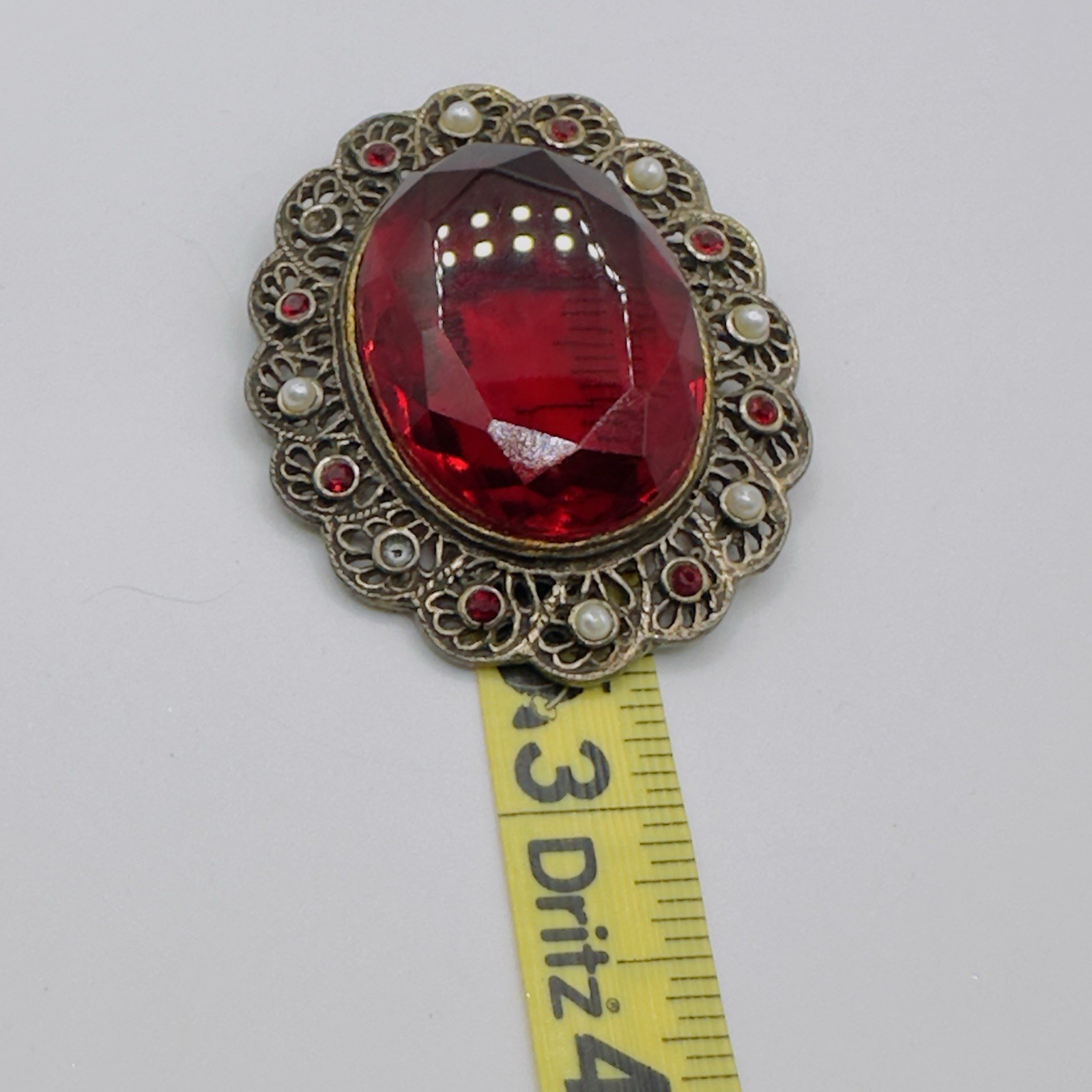 Vintage Red Glass Brooch Pendant Victorian Revival Antiqued Gold 2.75″ *READ*