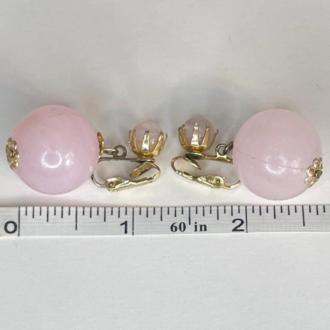 Vintage Pink Large Lucite Ball Drop Dangle Clip On Earrings Thermoset Prong