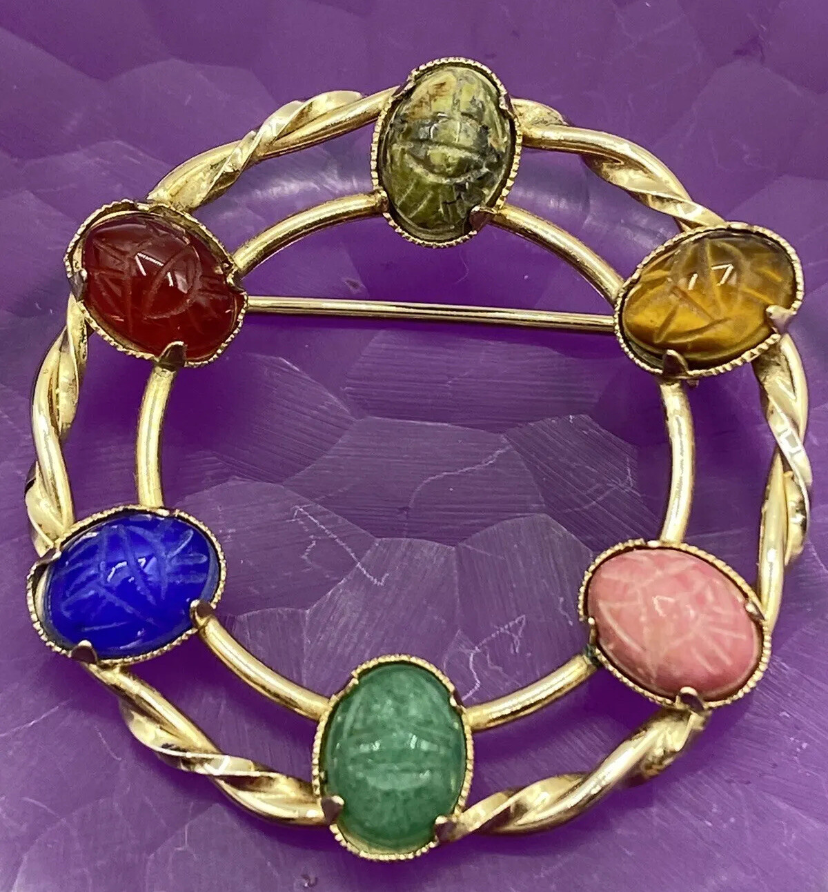 DIXELLE Brooch Signed SCARAB GEMSTONE ROUND PIN 1/20 12K GOLD FILLED 1 1/4″