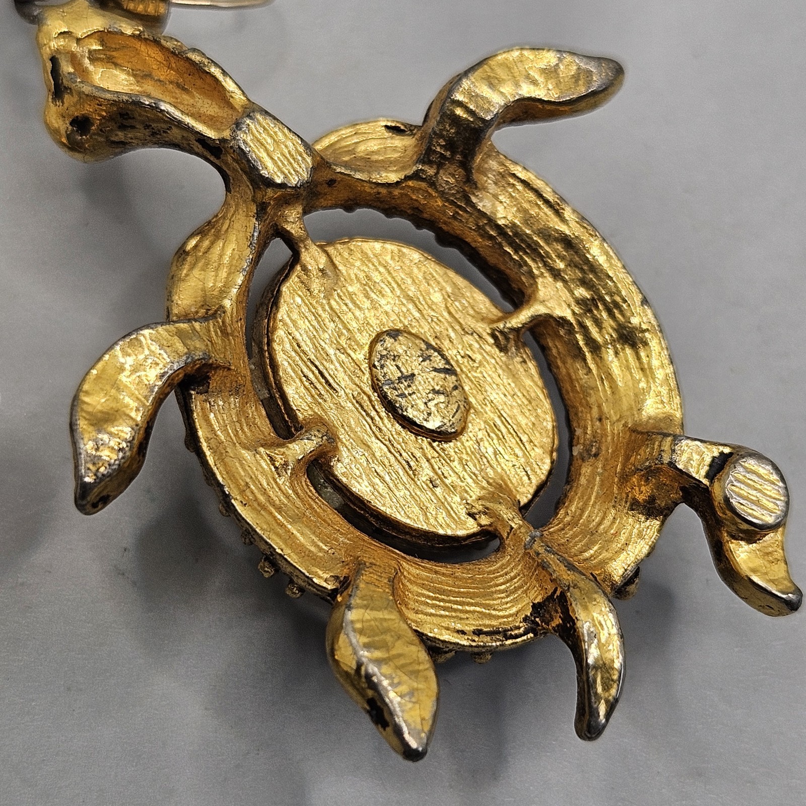 Vintage Gold Tone Turtle Earrings Dangle Hook Pierced Faux Druzy Stone Chunky2″
