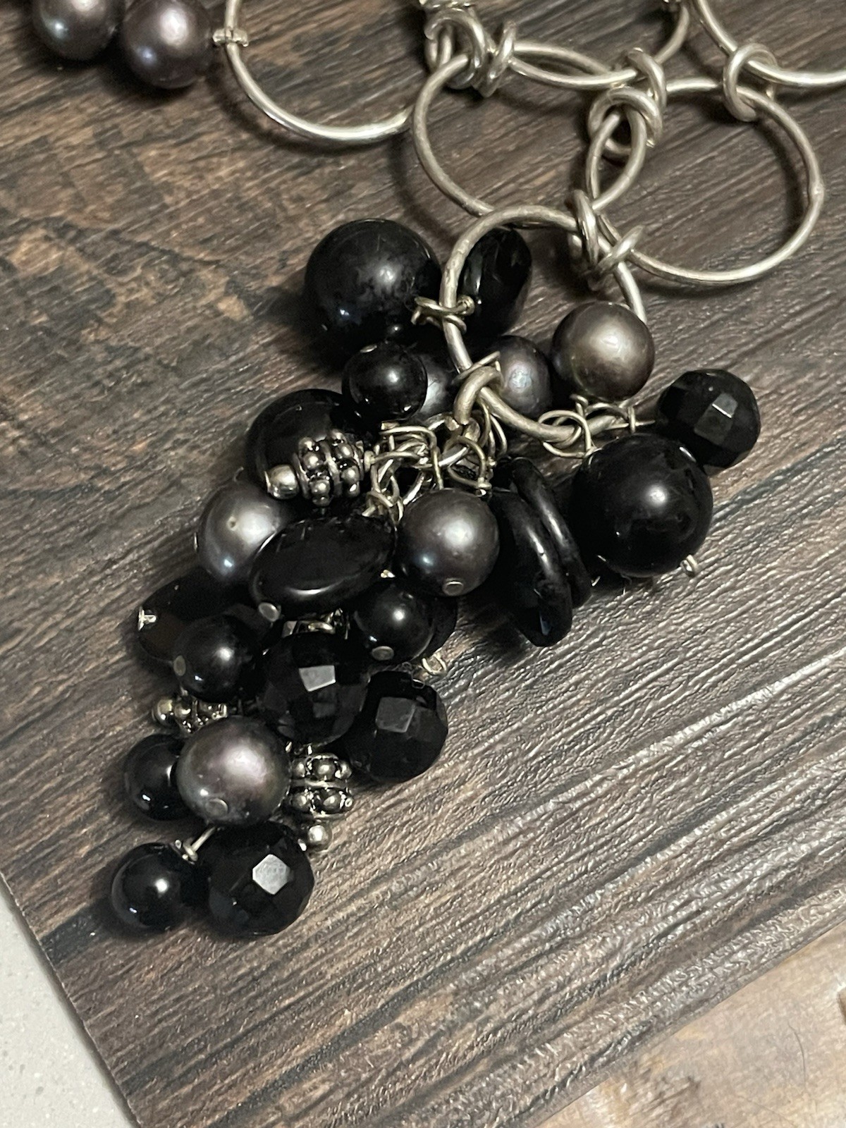 Vtg Gothic Sterling Silver Peacock Pearl Cluster Pendant Necklace-Artisan 17.5″