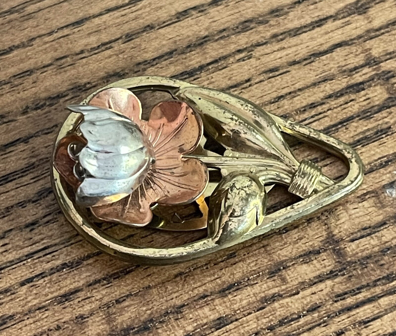 New England Glass Works-Art Deco Copper, Brass & Silver Fur or Dress Clip-Signed