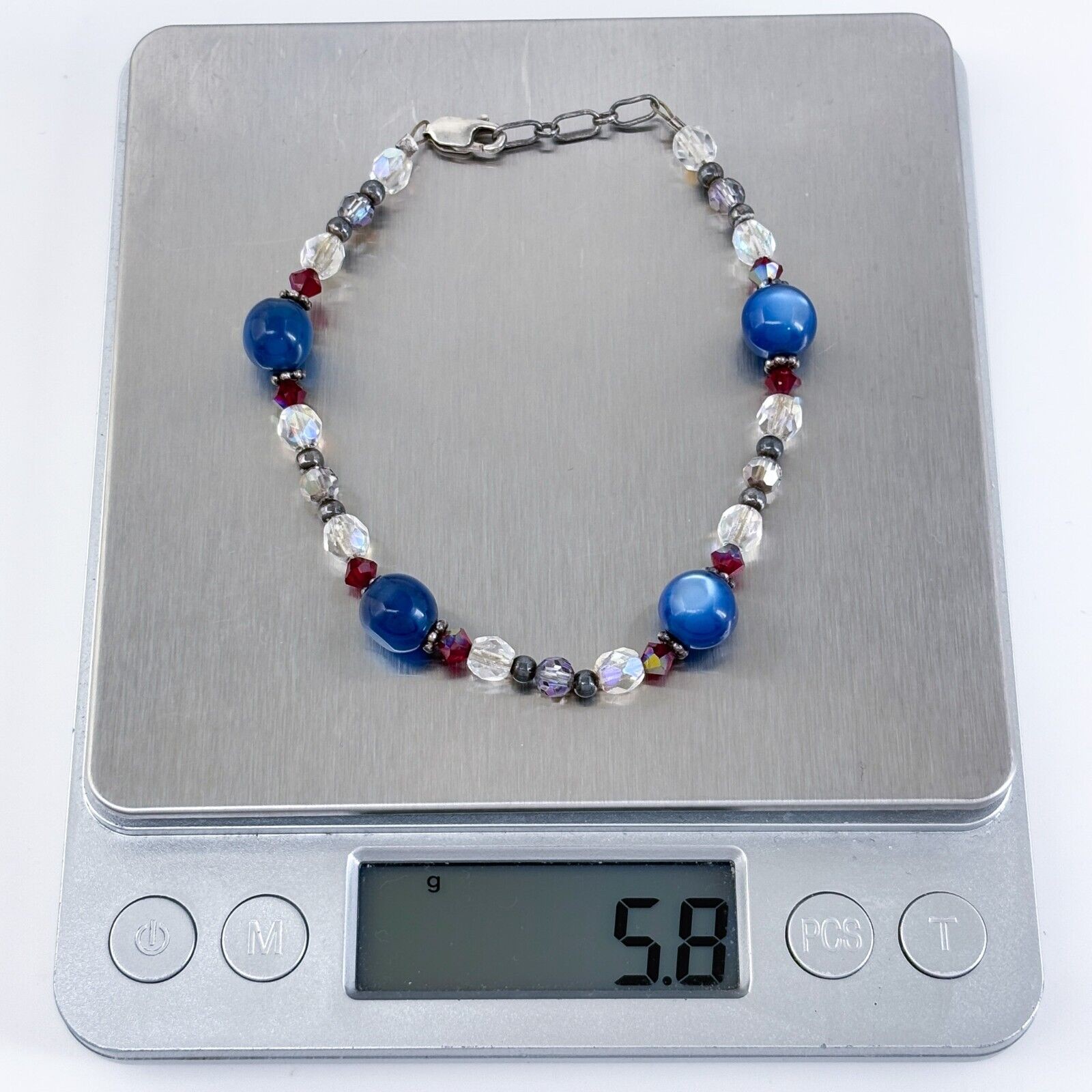 Vintage Sterling Silver 925 Glass and Crystal Beaded Bracelet 8″