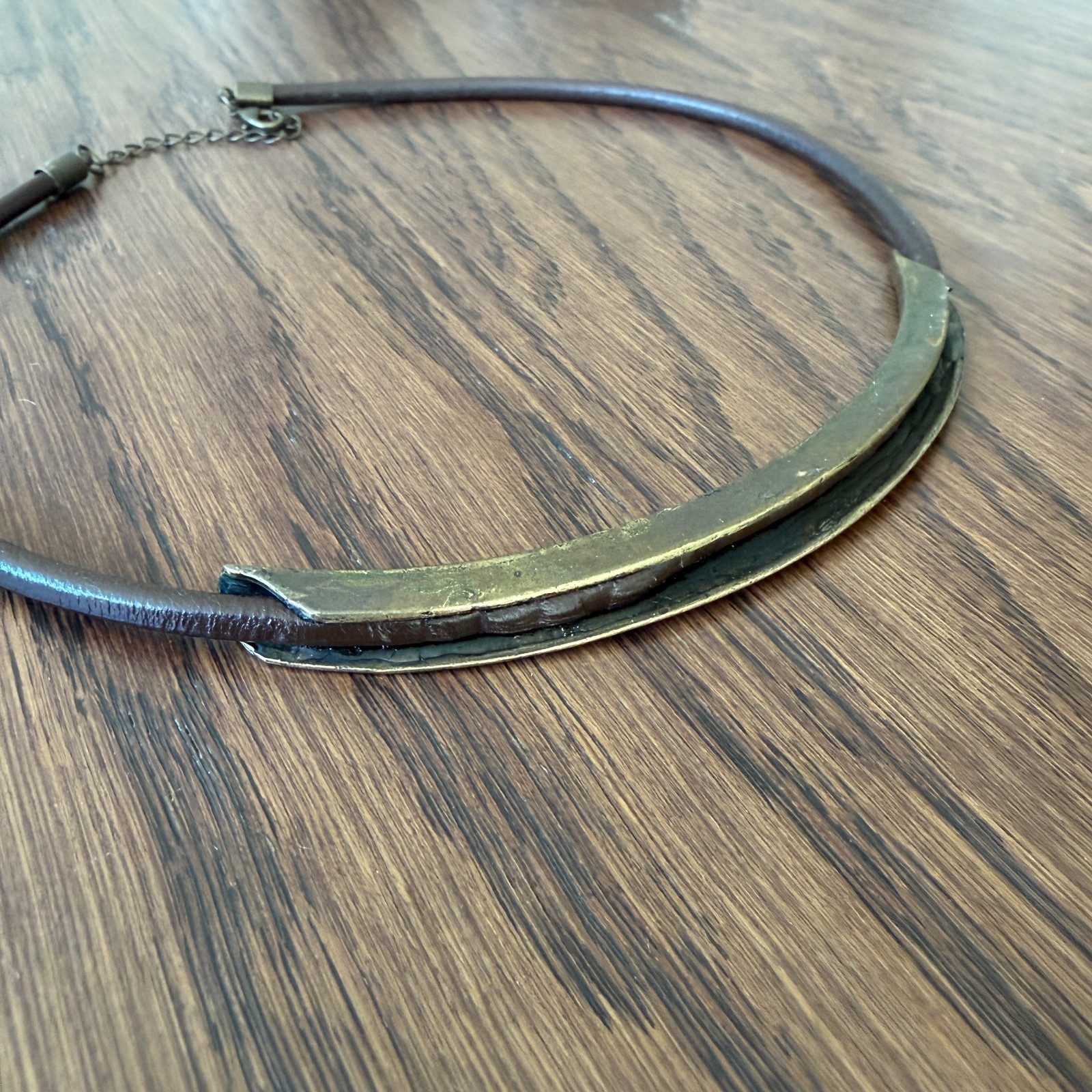 Vintage, Brass & Genuine Leather Collar Necklace, 17”(L) + 2” Extension