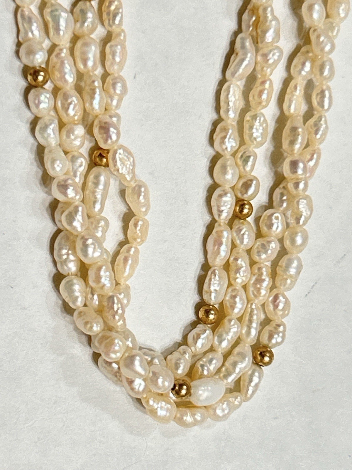 Long 56” Opera Length Necklace Rice Pearls & Gold Plated Beads, 2 Strand Twisted