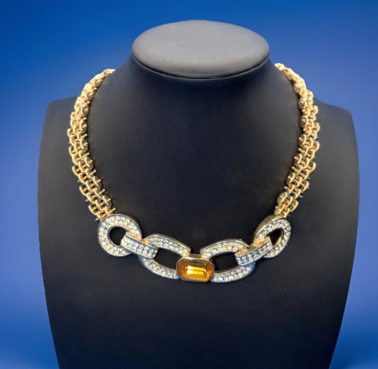 Vintage Gold‑Tone Pavé Link Necklace w/ Yellow Gemstone & Rhinestones