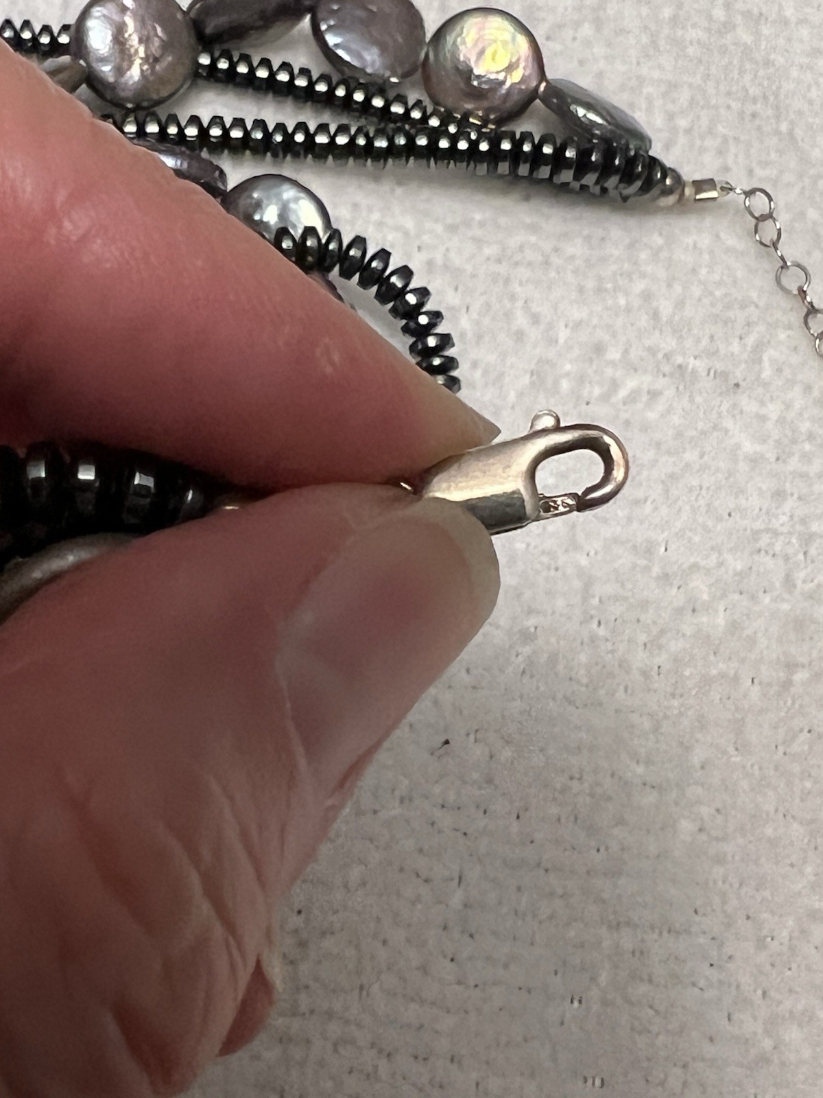 VINTAGE ESTATE STERLING 925 3 STRAND GENUINE COIN PEARL HEMATITE NECKLACE 17-18
