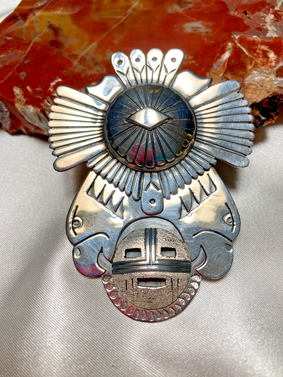 Extremely Rare Eagles Sunface Silver Pendant Renowned Navajo Artist Eddy Chaco