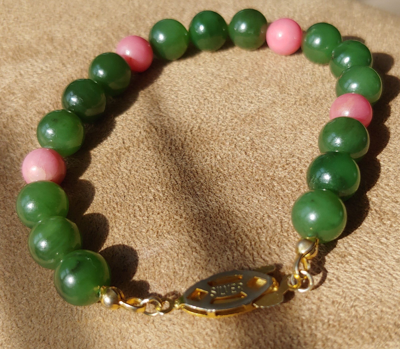 Natural Type A Jadeite & Pink Zoisite Bracelet (Mid-Century Export)