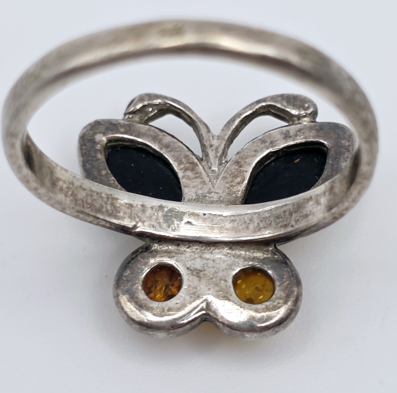 Vintage 925 Sterling Silver Baltic Amber Butterfly Ring Multi Color Size 7.5