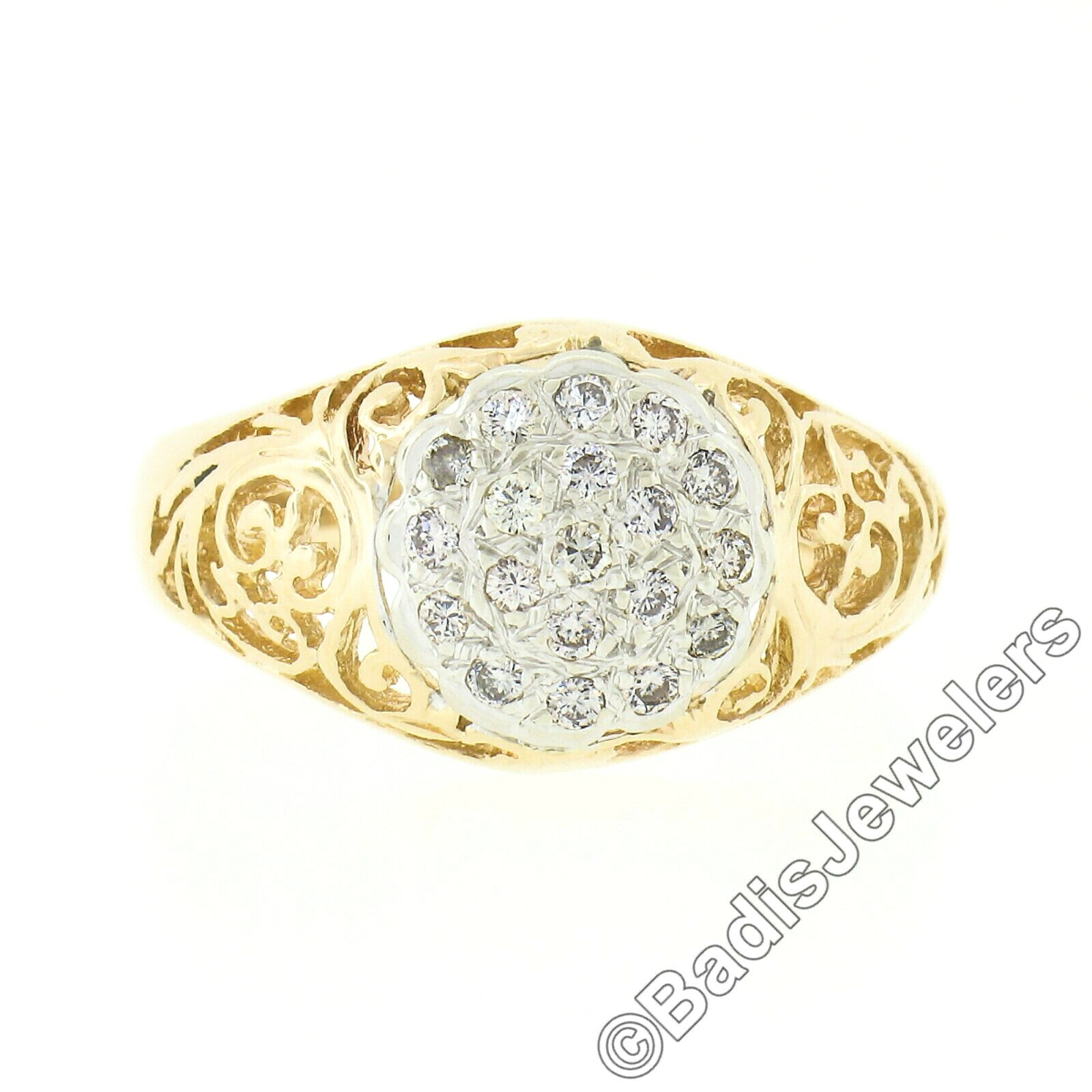 Vintage 14k TT Gold .35ct Round Pave Diamond Cluster Open Scroll Work Domed Ring