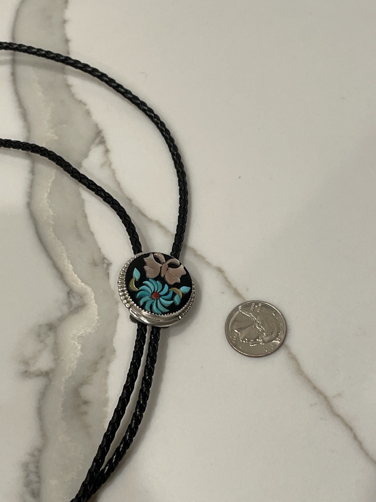 Vintage Zuni Sterling Silver Natural Multi-Stone Floral Inlay Bolo Tie 18”