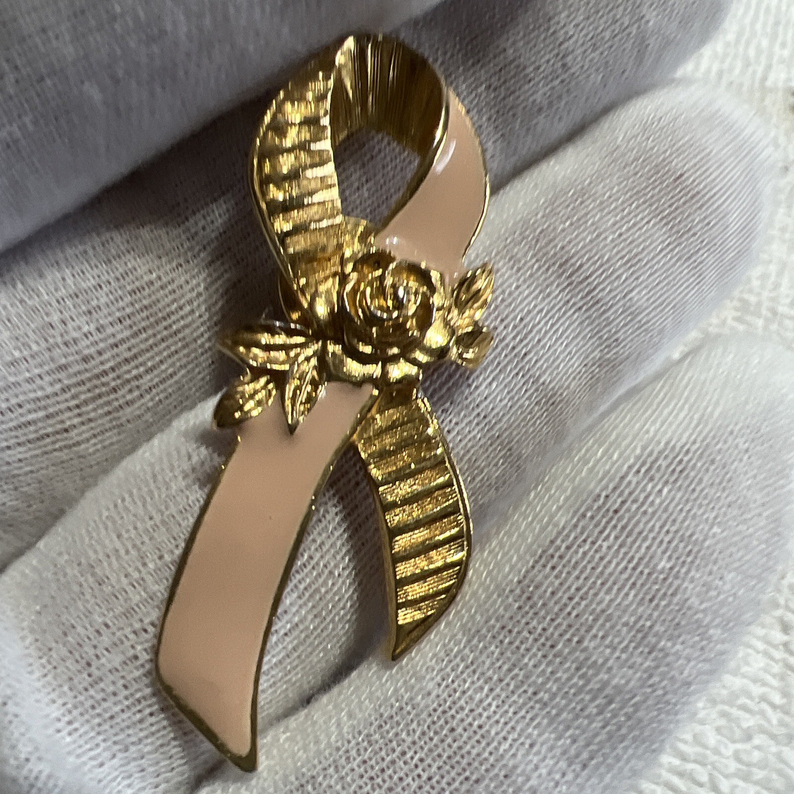 Avon Breast Cancer Lapel Pin Pink Ribbon Rose Gold Plated Enamel Stamped VTG