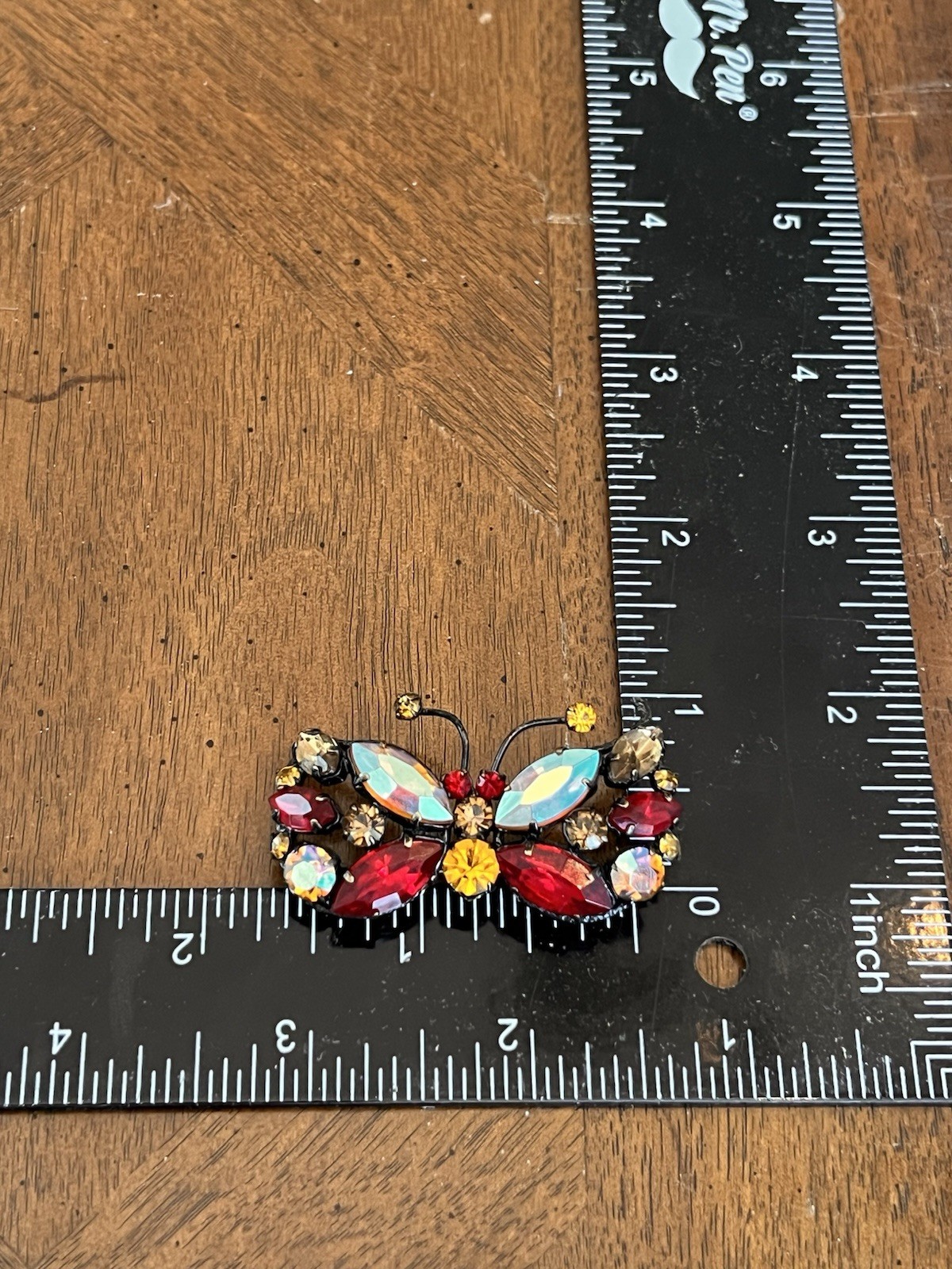 Vintage Mid-Century Red & Yellow & AB Rhinestone Butterfly Brooch Japanned Metal