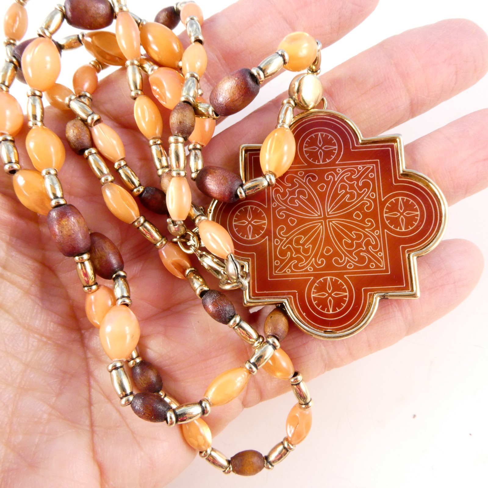 Pretty MONET Fancy Beaded Pendant Necklace Gold Tone 30″ Peach Brown Colors