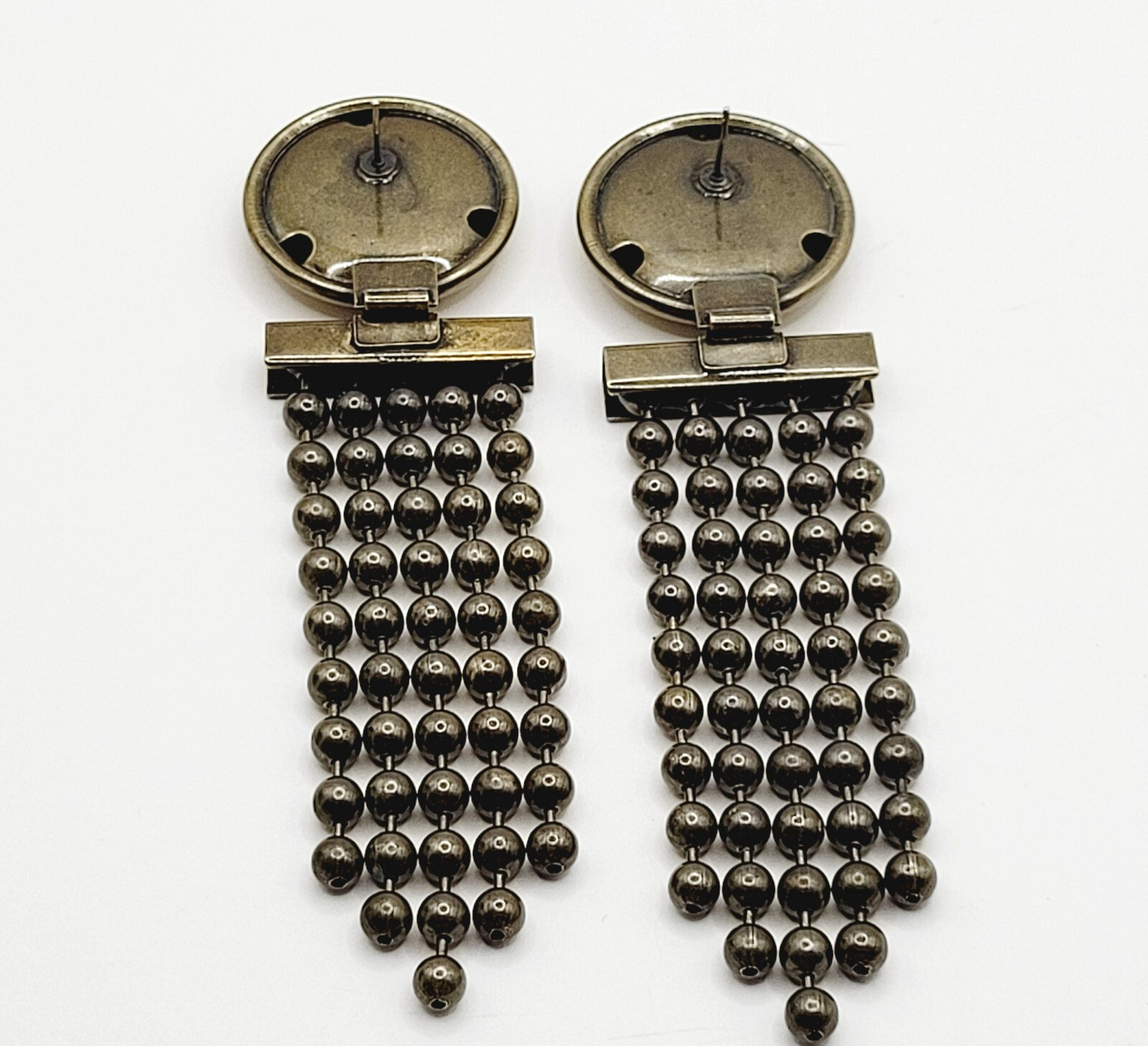 Ball & Chain Fringe Brutalist Runway Style Mixed Metal Tone Vtg Pierced Earrings