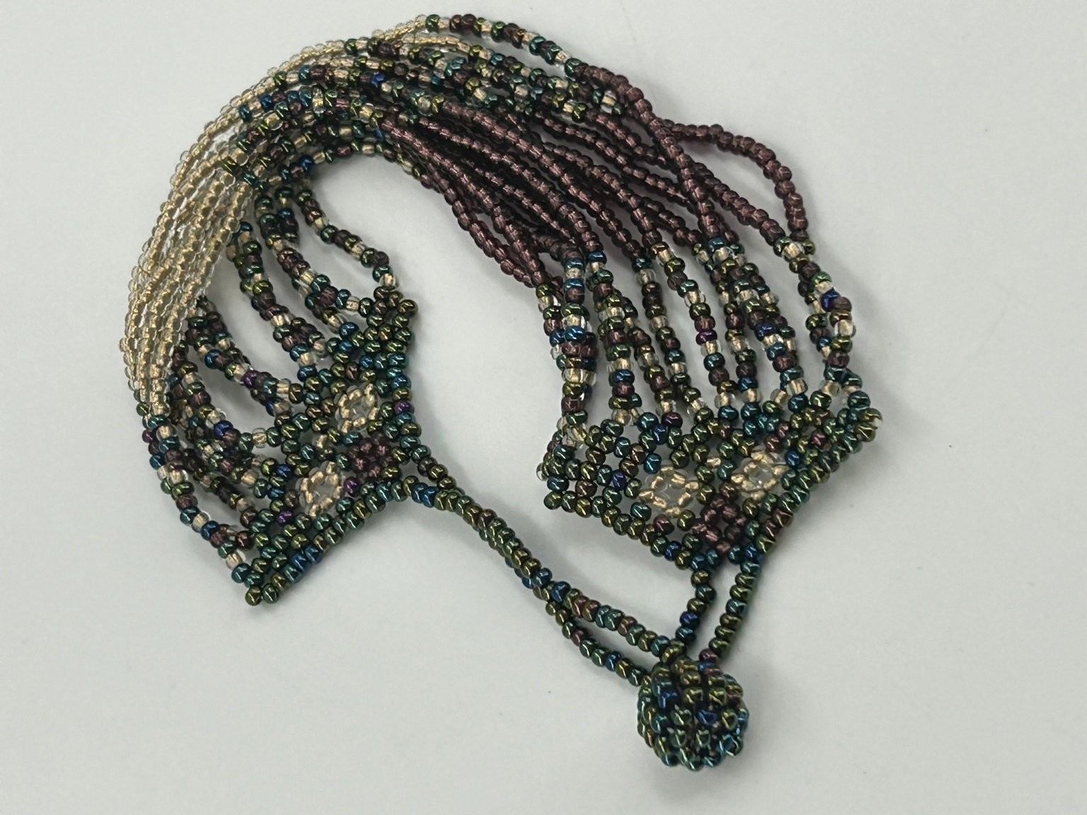 Handcrafted Seed Bead Bracelet Multi-Strand Iridescent Peacock Colors