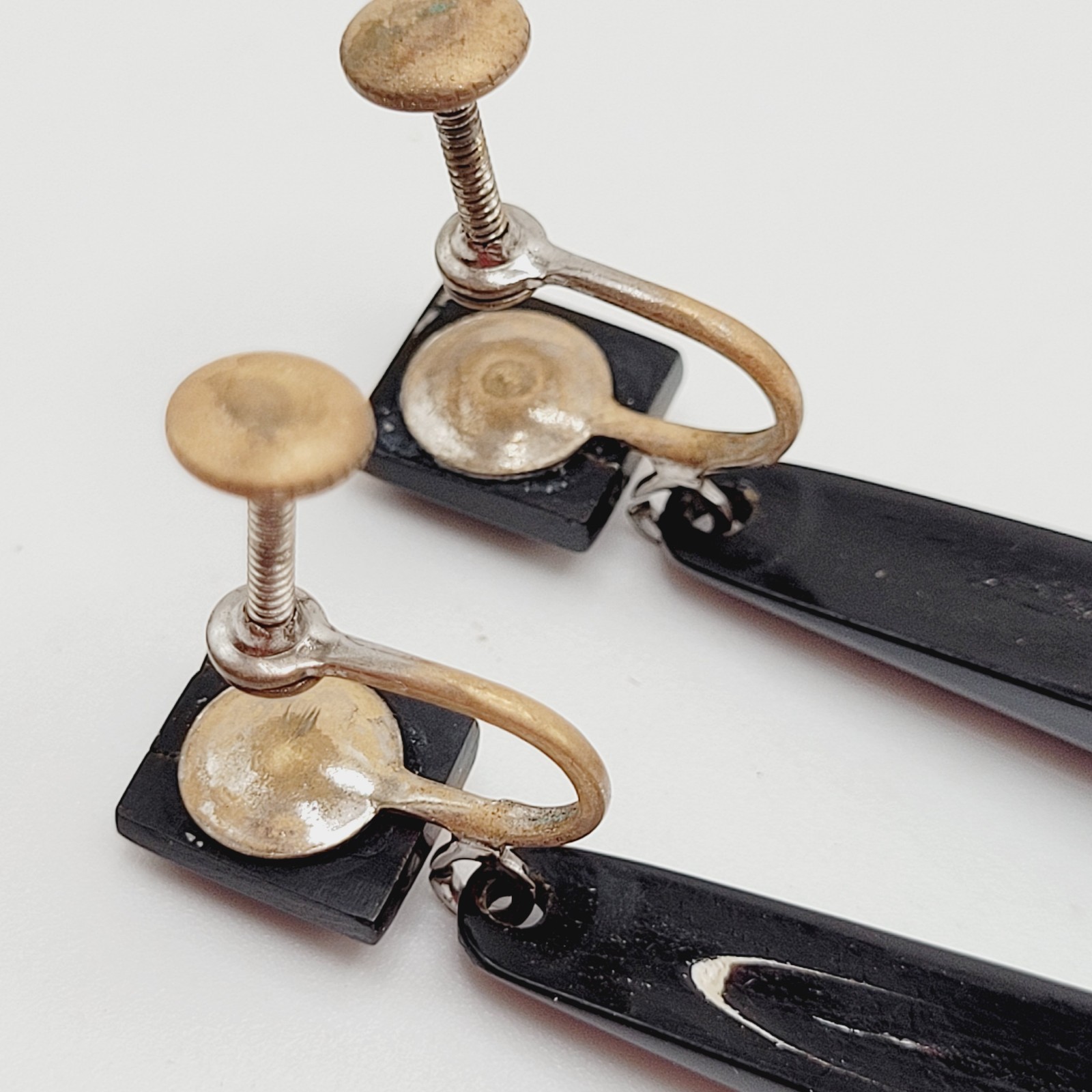 Hawaiian Natural Black Coral Vintage Screw Back Art Deco Style Dangle Earrings