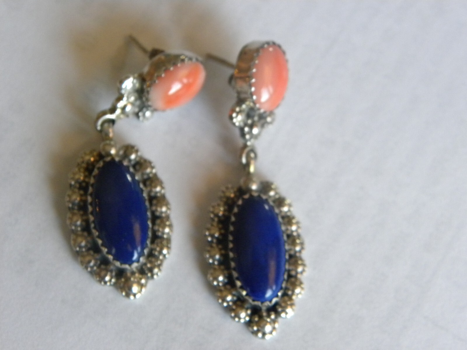 Vintage Sterling Lapis & Spiney Oyster Post Back Earrings Signed “J J” 1-5/8″