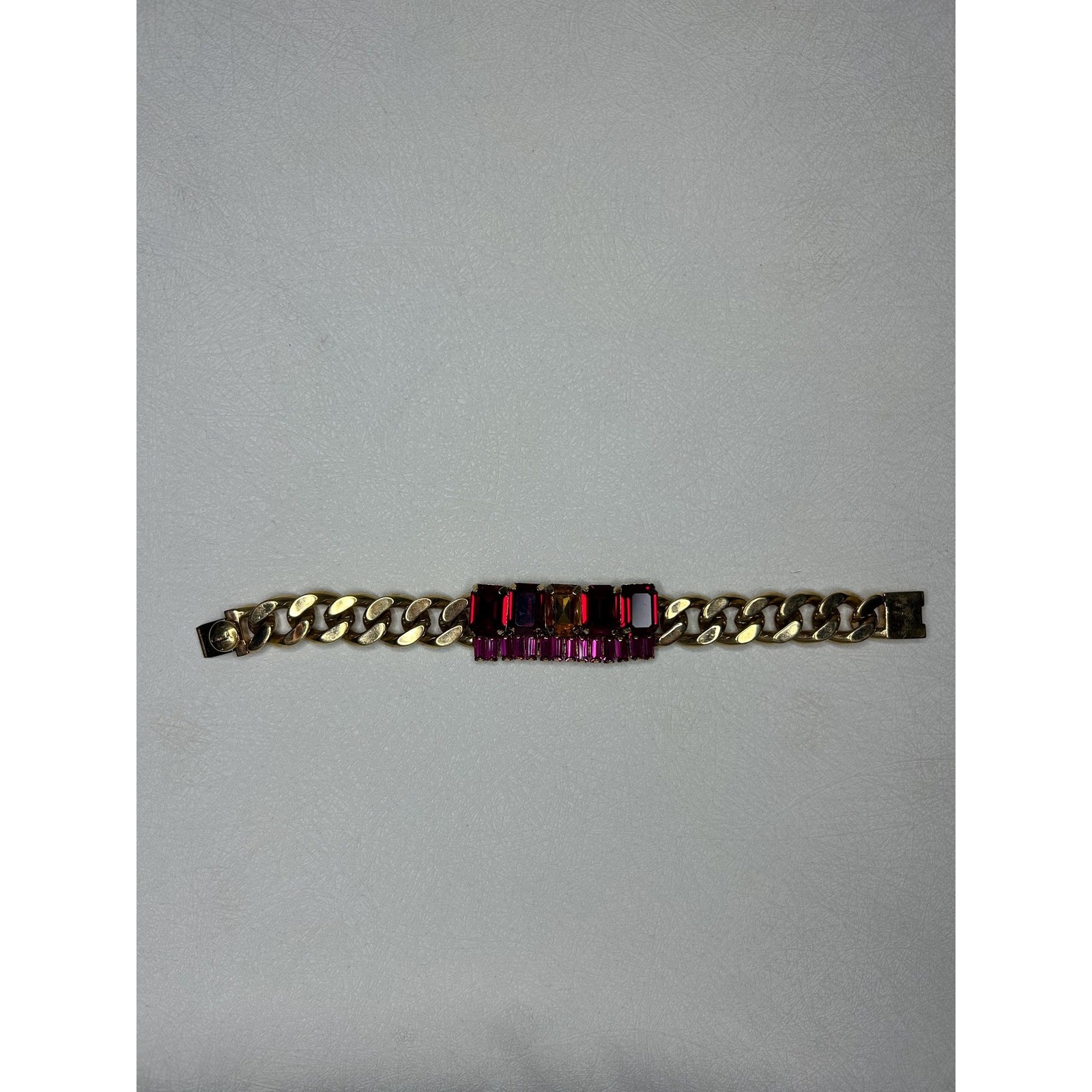 Coach Gold-Tone Curb Chain Bracelet with Fuchsia and Red Rhinestones