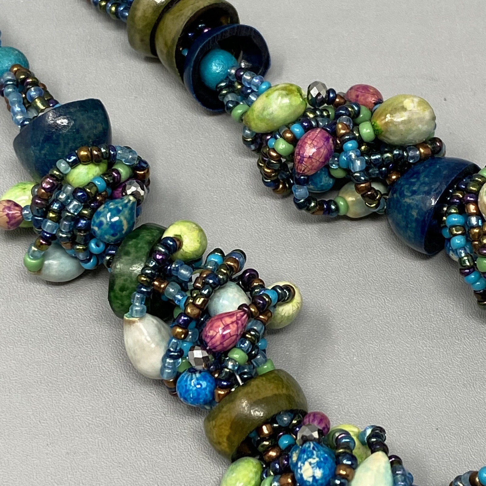 Boho Necklace Vintage Blue Multicolor Seed Bead Dyed Nut Multi Strand Collar 19″