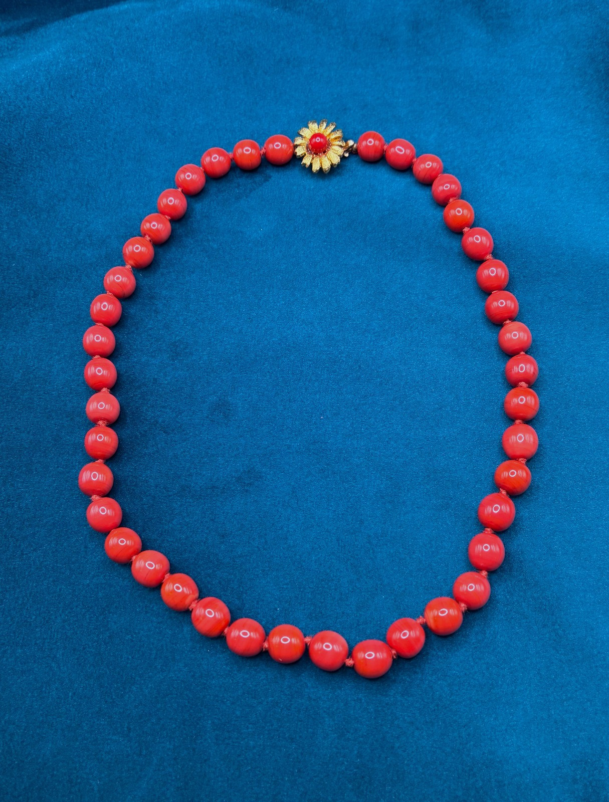 Vintage Glass Beaded Necklace Red Hand Knotted Decorative Clasp 15″