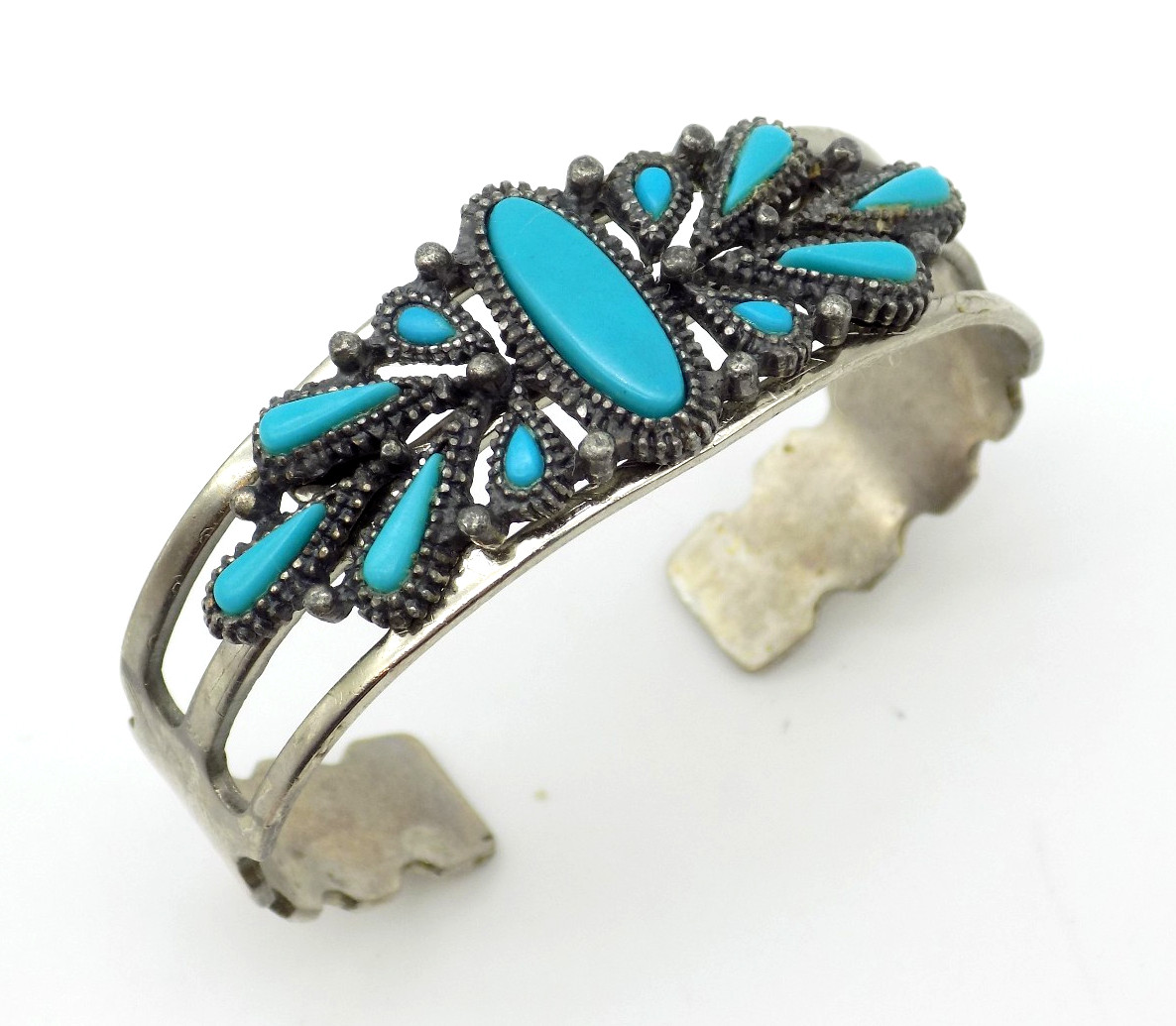 Vintage Faux Turquoise South Western Cuff Bracelet Silver Tone Etched