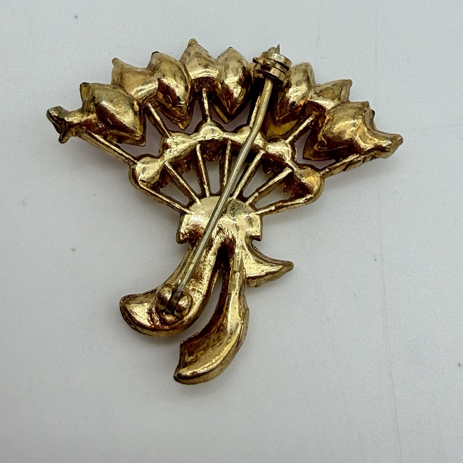 Vintage Rhinestone Brooch Pin Pink Navette Fan Flower Bouquet Retro