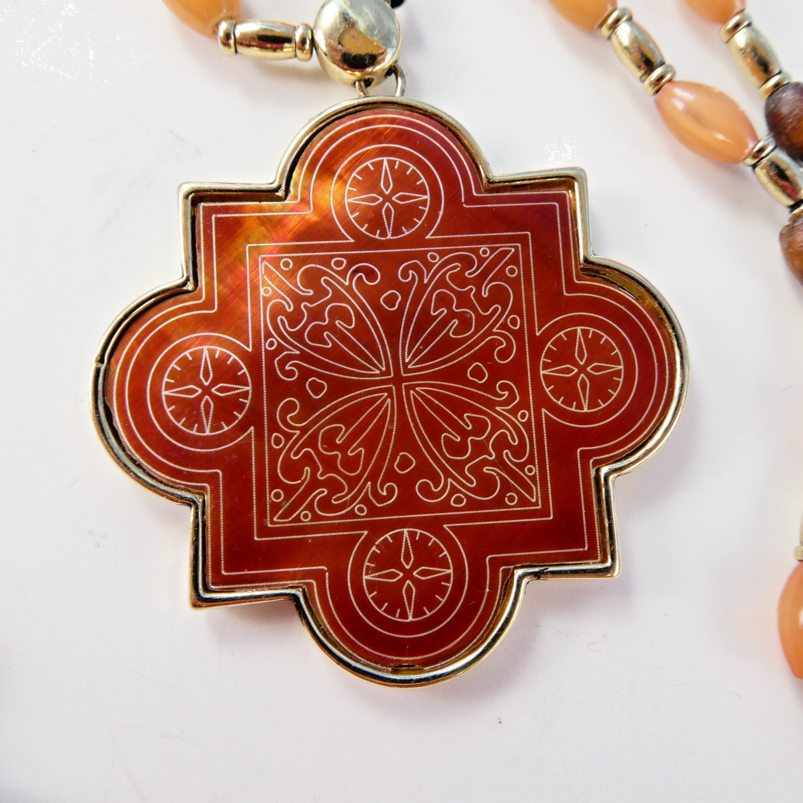 Pretty MONET Fancy Beaded Pendant Necklace Gold Tone 30″ Peach Brown Colors