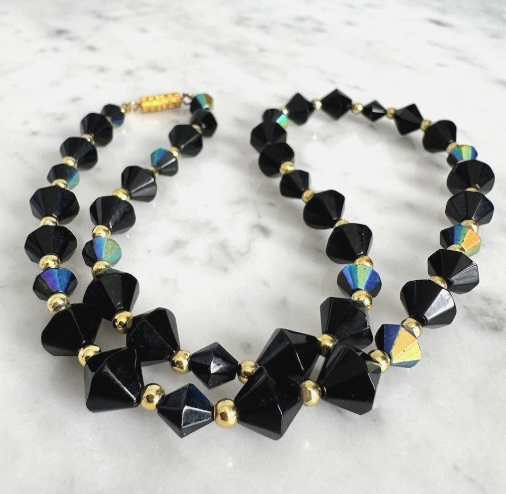 Vintage Bicone Cut Black Aurora Borealis Crystal Bead Gold Tone Accent Necklace