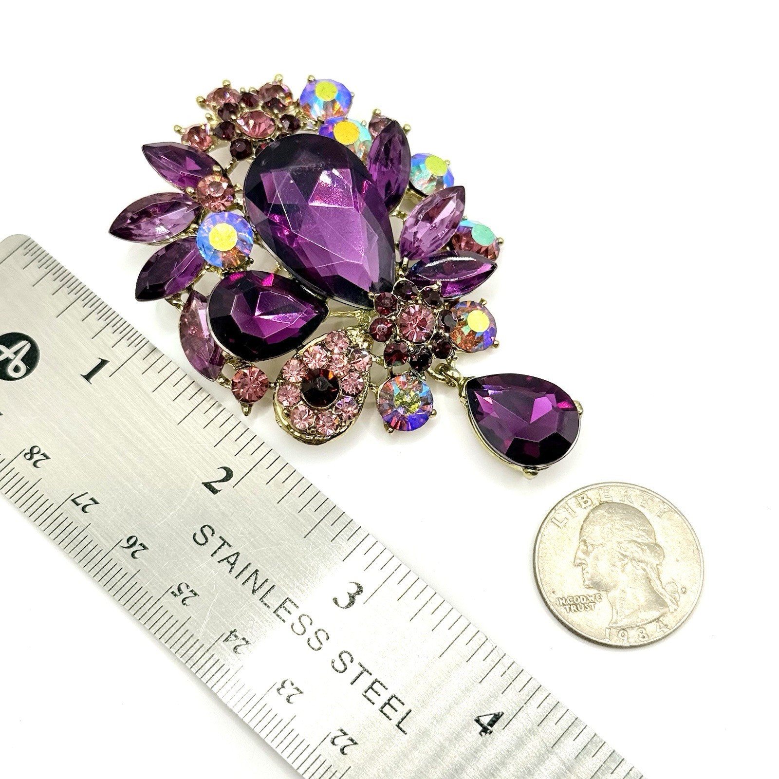 Modern Goldtone Brooch Pendant LG Purple Pink AB Rhinestone Bouquet Teardrop Z