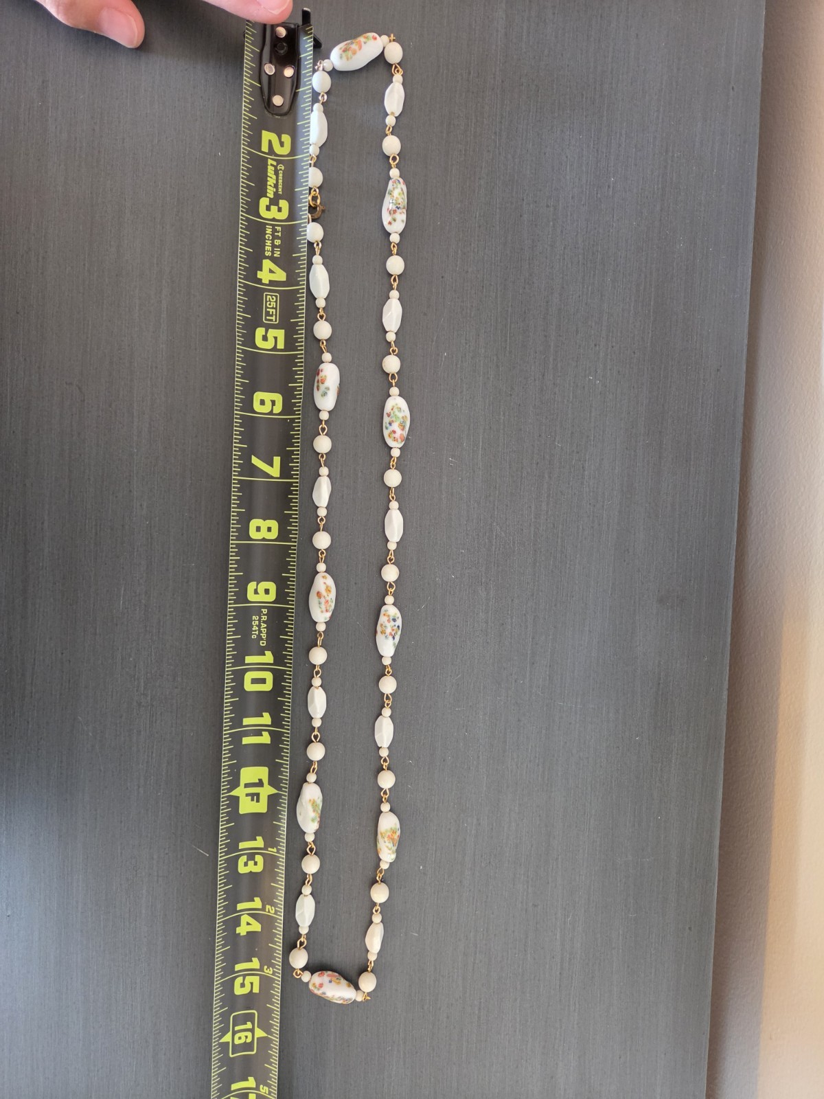 Vtg Painted White Glass Bead Necklace Floral Design Cottagecore Estate Jewelry