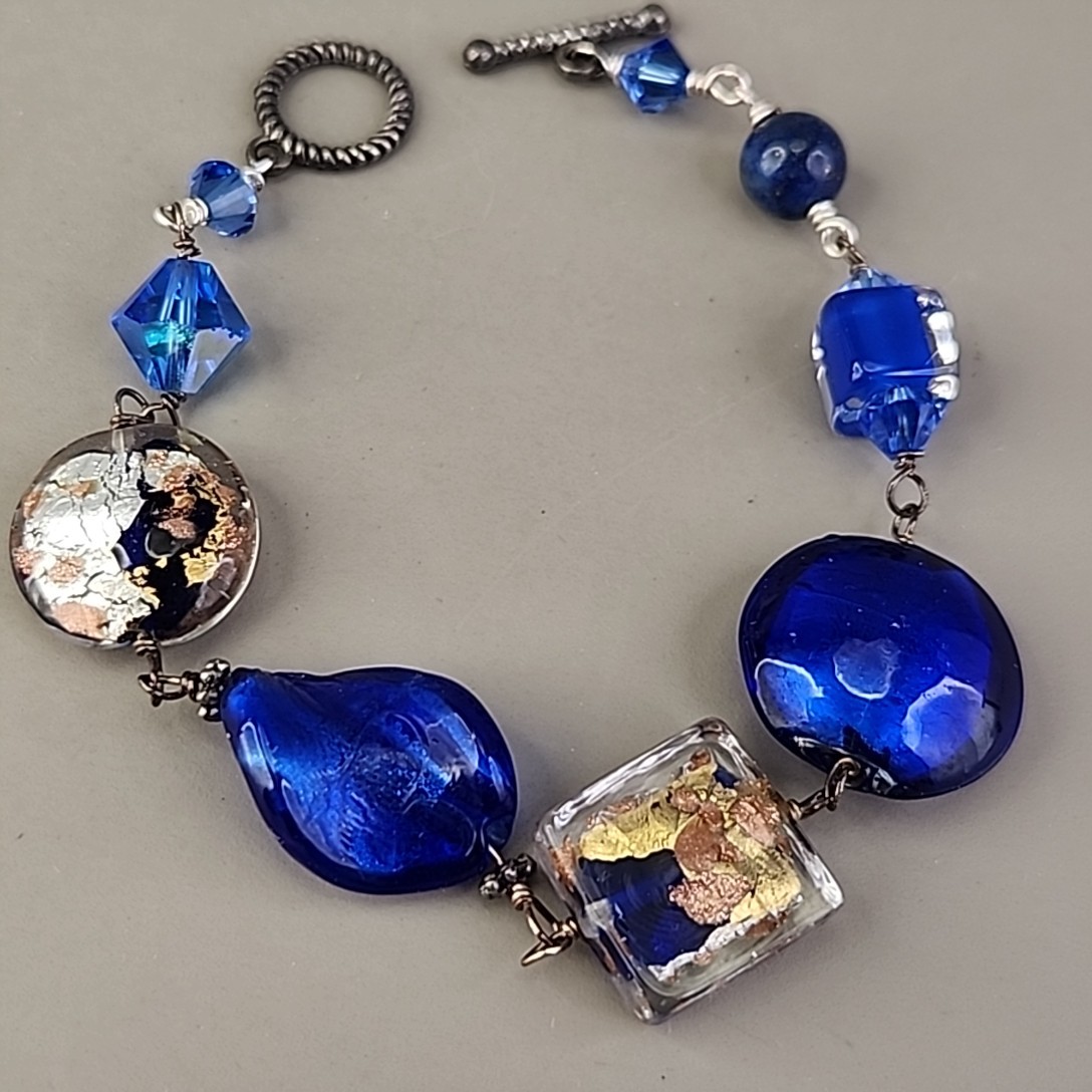 Vintage Glass Beaded Bracelet Gold Tone Foiled 6.5″