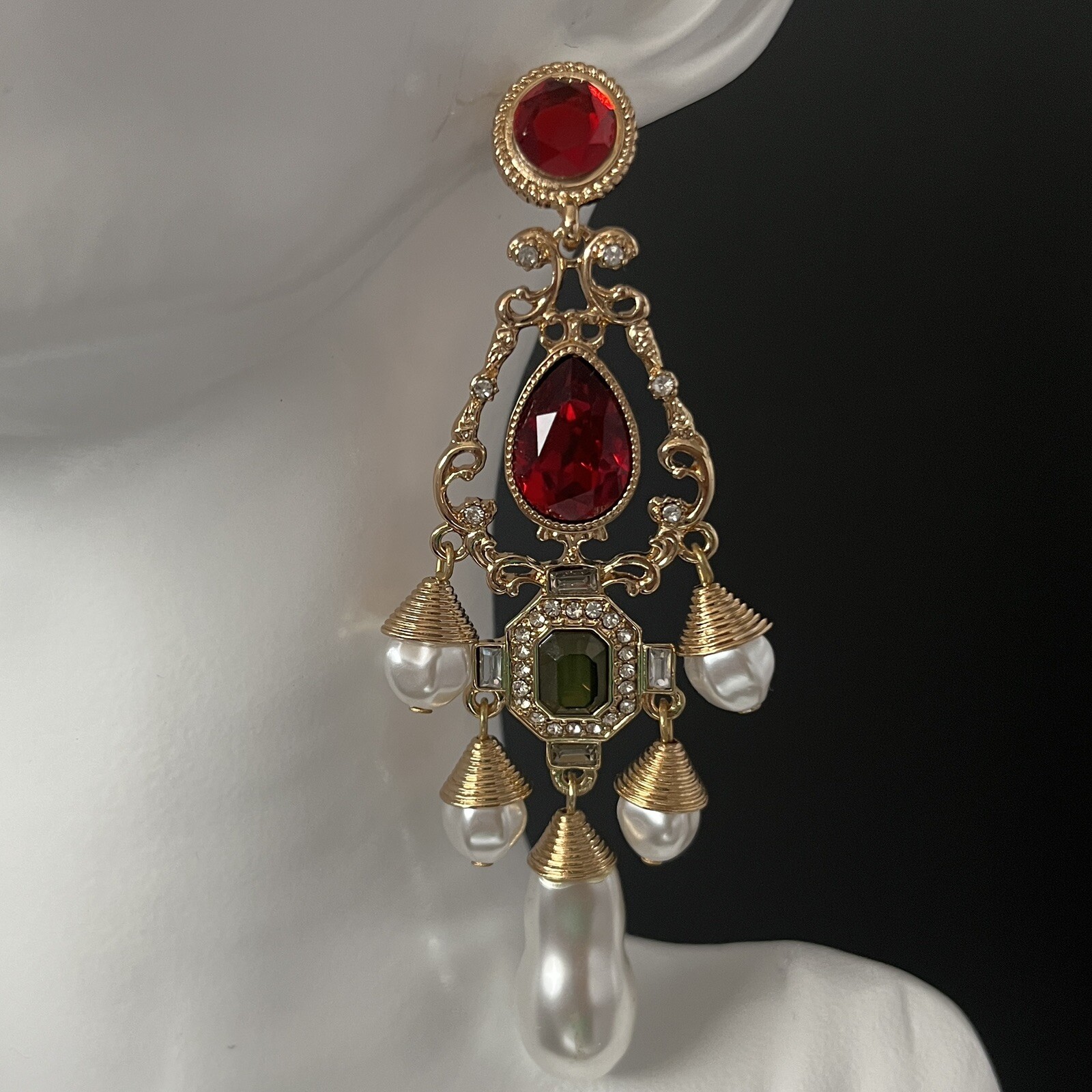 Baroque Chandelier Earrings Gold Red Faux Pearl Pierced Dangle Ornate Runway